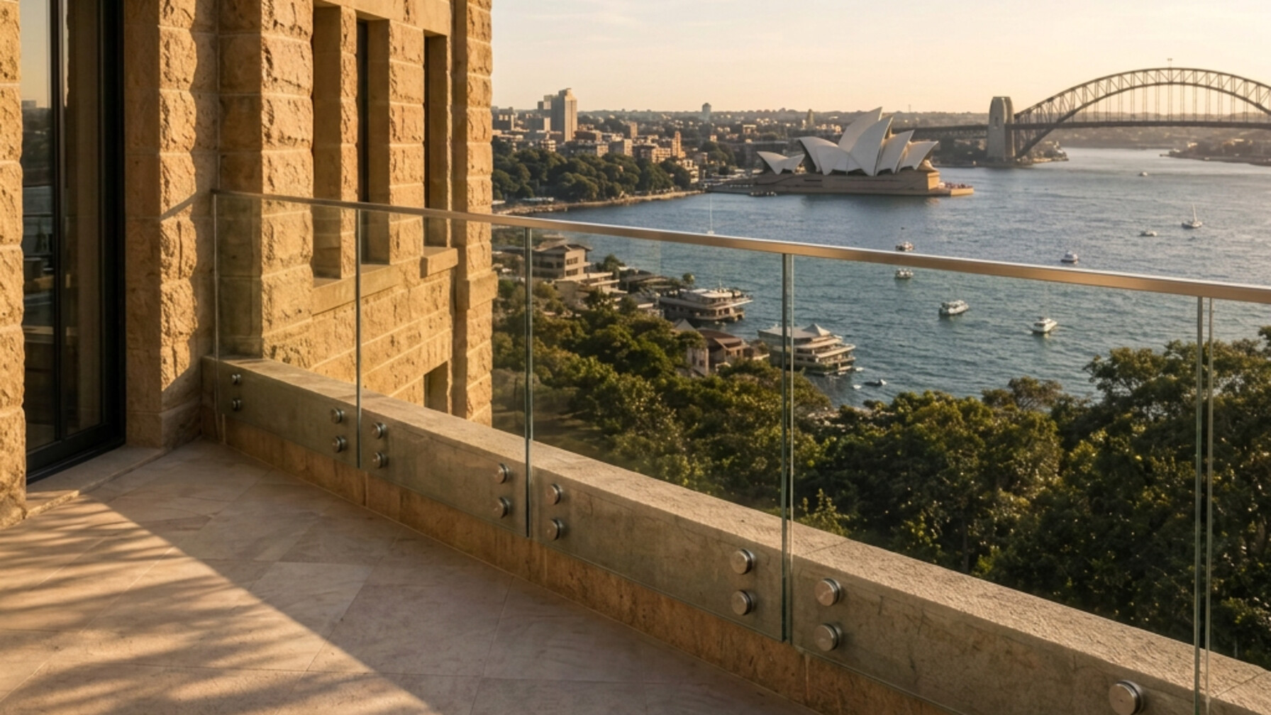 Harbour balcony glass balustrade with a continuous stainless-steel top rail