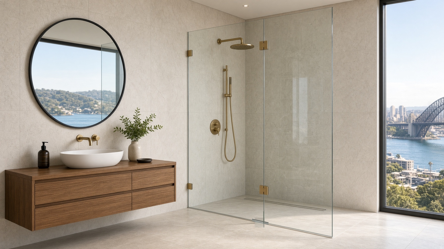 Frameless glass shower with brushed brass hardware in a limestone Sydney ensuite